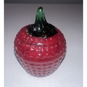 1990‎ Joe Rice Art Glass Strawberry Red Green Leaves Figurine Paperweight 3.75”